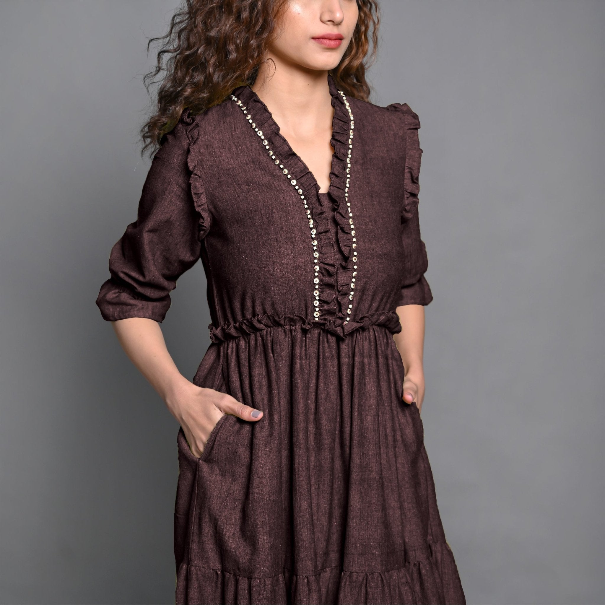 Brown Hand-Beaded Cotton Flax Boho Maxi Dress