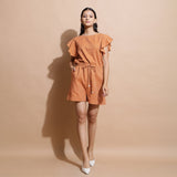 Front View of a Model wearing Brown Handspun Solid Cotton Playsuit