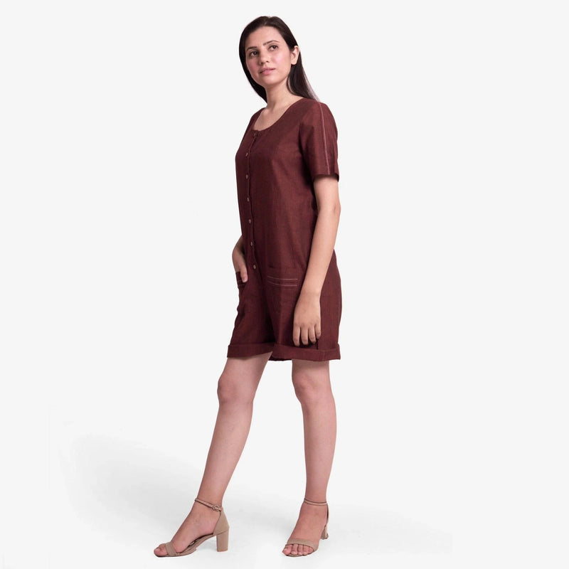 Left View of a Model wearing Brown Solid Brown Mangalgiri Cotton Romper