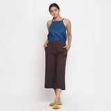 Front View of a Model wearing Brown Mid-Rise Cotton Flax Culottes