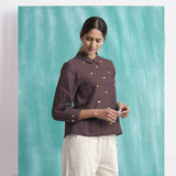 Brown Mirror Work Cotton Flax Blouse Top