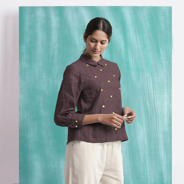 Brown Mirror Work Cotton Flax Blouse Top