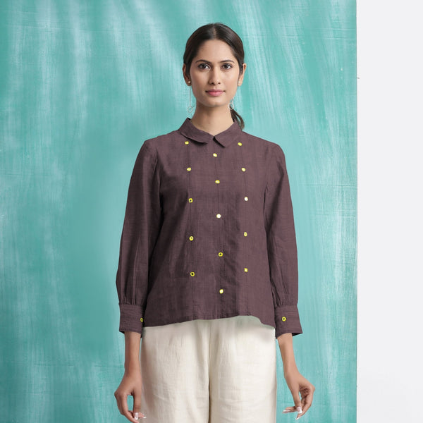 Brown Mirror Work Cotton Flax Blouse Top