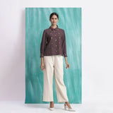 Brown Mirror Work Cotton Flax Blouse Top