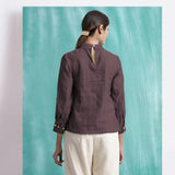 Brown Mirror Work Cotton Flax Blouse Top