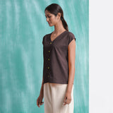 Brown Mirror Work Cotton Flax Drop Shoulder Top