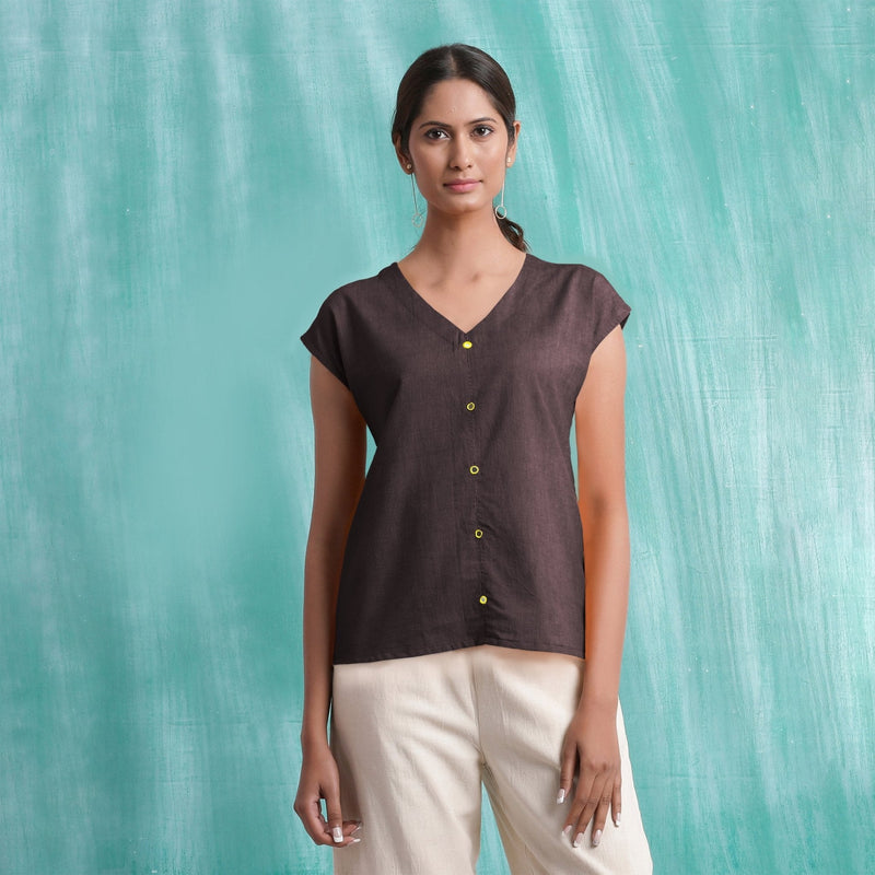 Brown Mirror Work Cotton Flax Drop Shoulder Top