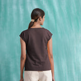 Brown Mirror Work Cotton Flax Drop Shoulder Top
