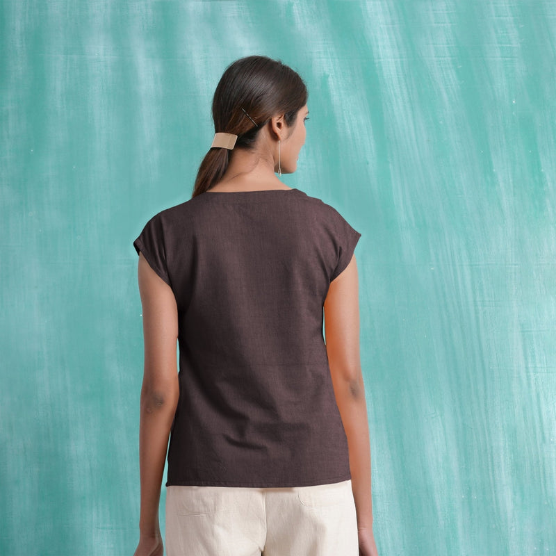 Brown Mirror Work Cotton Flax Drop Shoulder Top