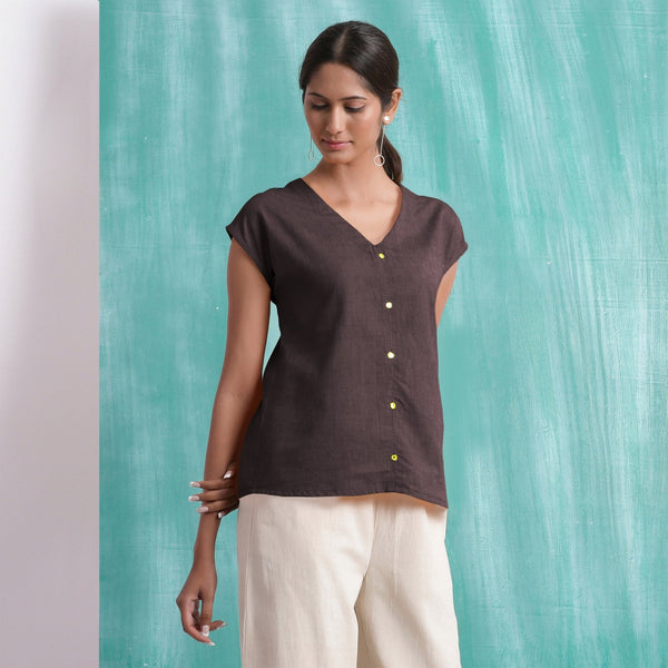 Brown Mirror Work Cotton Flax Drop Shoulder Top