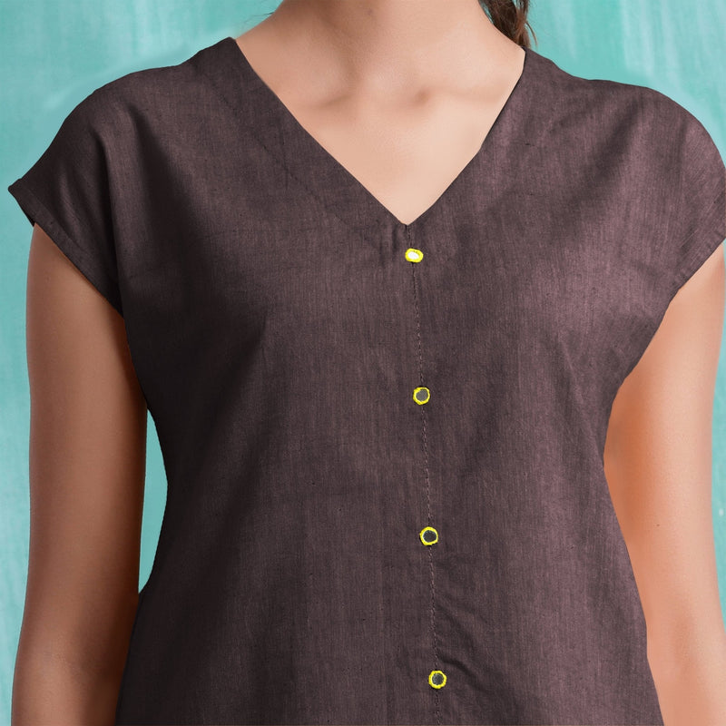 Brown Mirror Work Cotton Flax Drop Shoulder Top