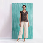 Brown Mirror Work Cotton Flax Drop Shoulder Top