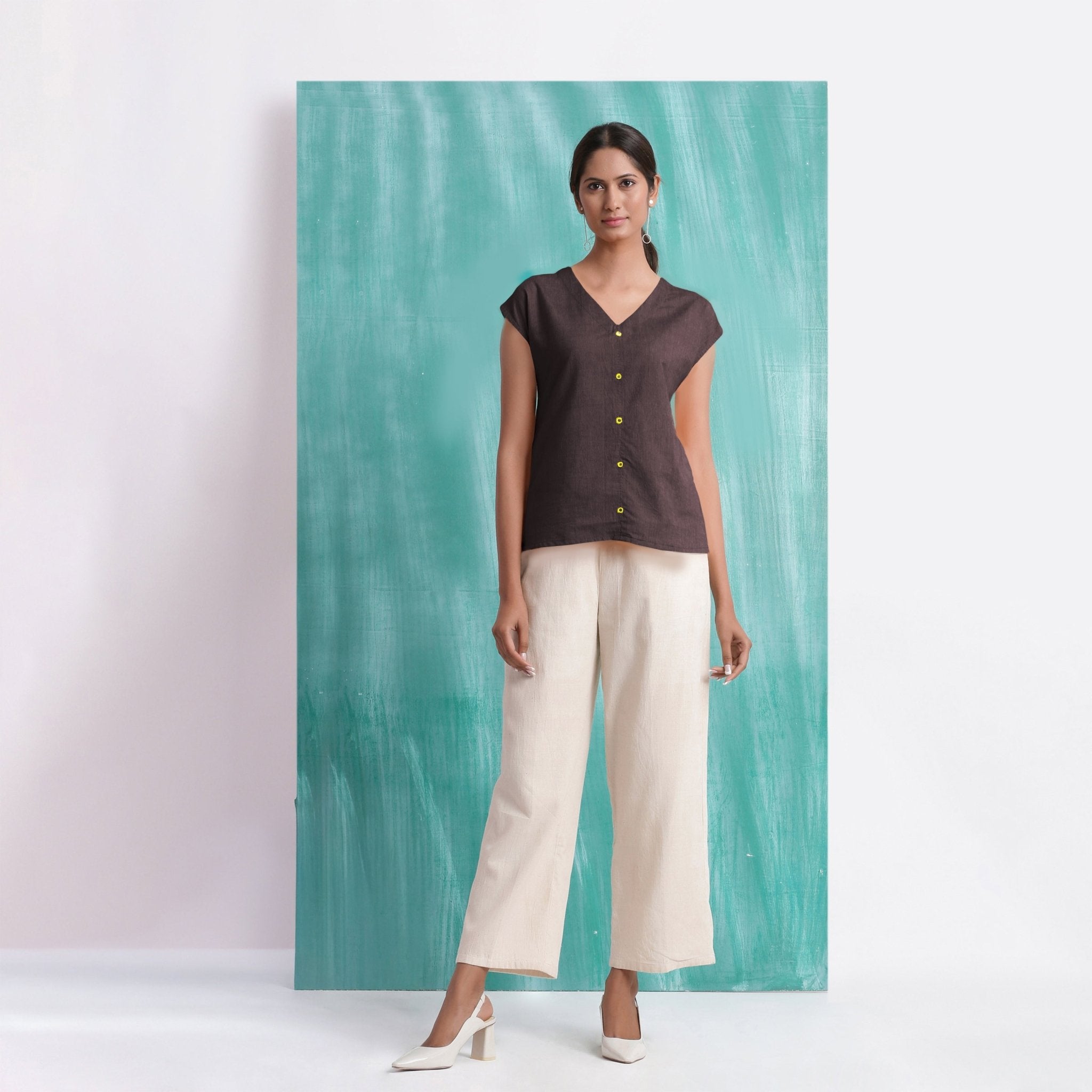 Brown Mirror Work Cotton Flax Drop Shoulder Top