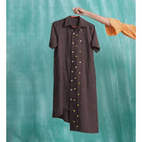 Brown Mirror Work Cotton Flax Knee Length Asymmetrical Dress