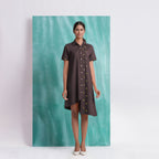 Brown Mirror Work Cotton Flax Knee Length Asymmetrical Dress