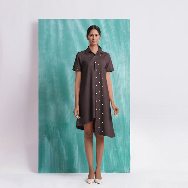 Brown Mirror Work Cotton Flax Knee Length Asymmetrical Dress