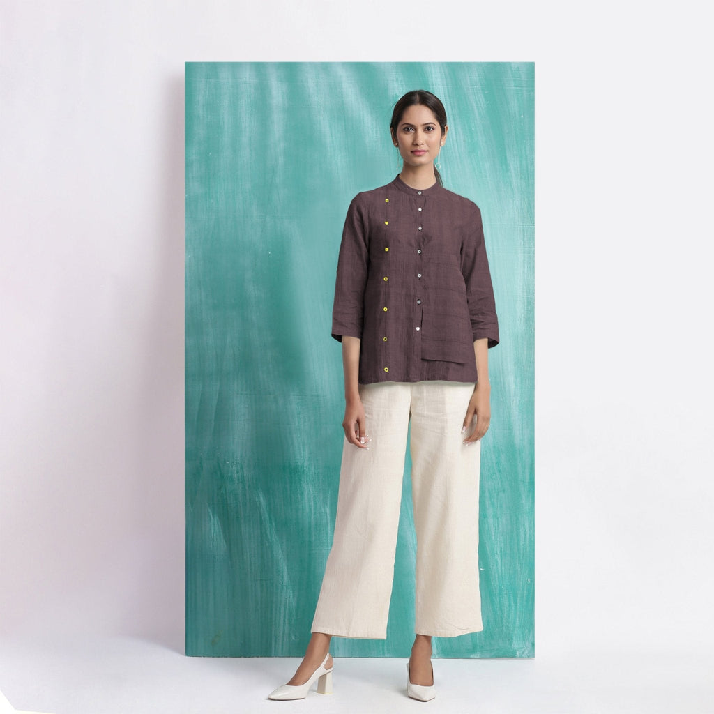 Brown Mirror Work Cotton Flax Mandarin Collar Top