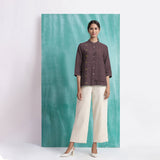 Brown Mirror Work Cotton Flax Mandarin Collar Top