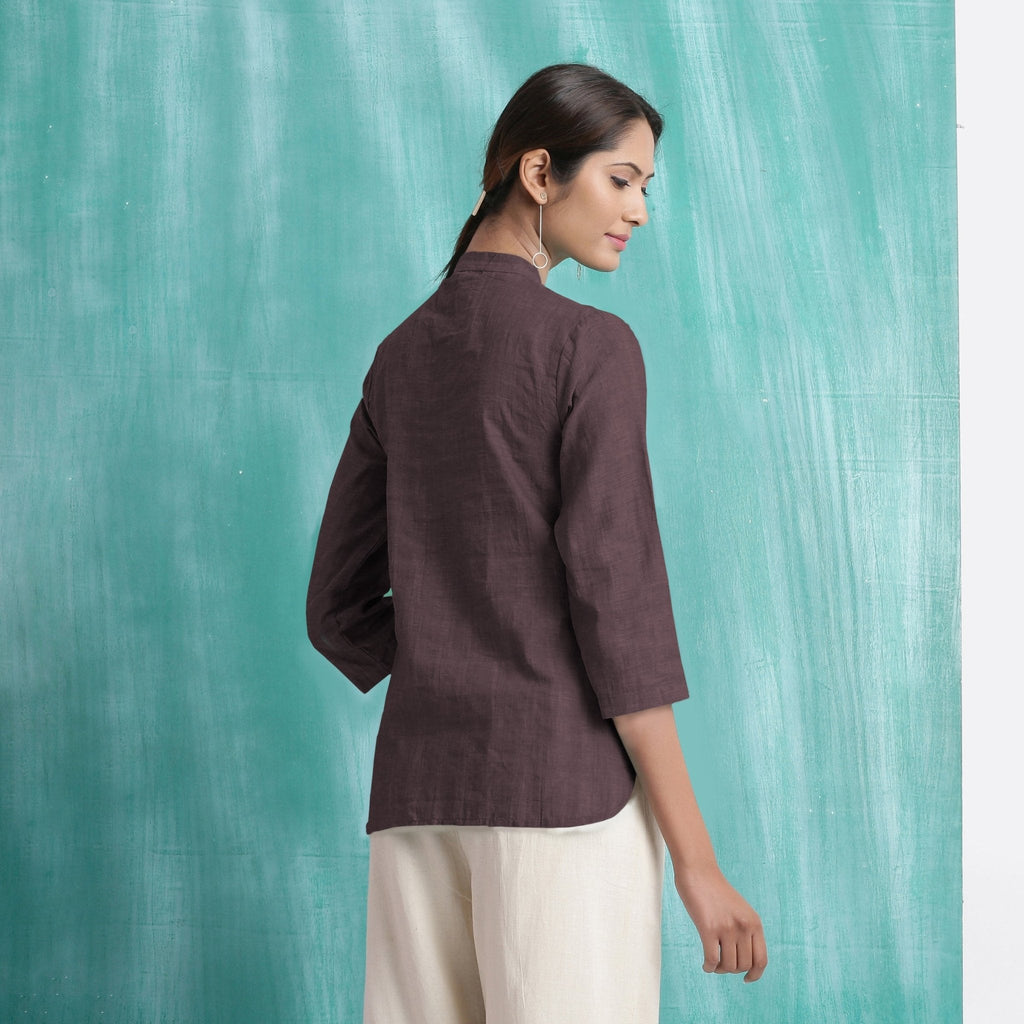 Brown Mirror Work Cotton Flax Mandarin Collar Top