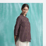 Brown Mirror Work Cotton Flax Mandarin Collar Top