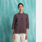 Brown Mirror Work Cotton Flax Mandarin Collar Top