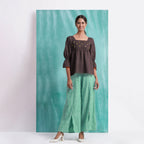 Brown Mirror Work Cotton Flax Poet Sleeves Yoked Top
