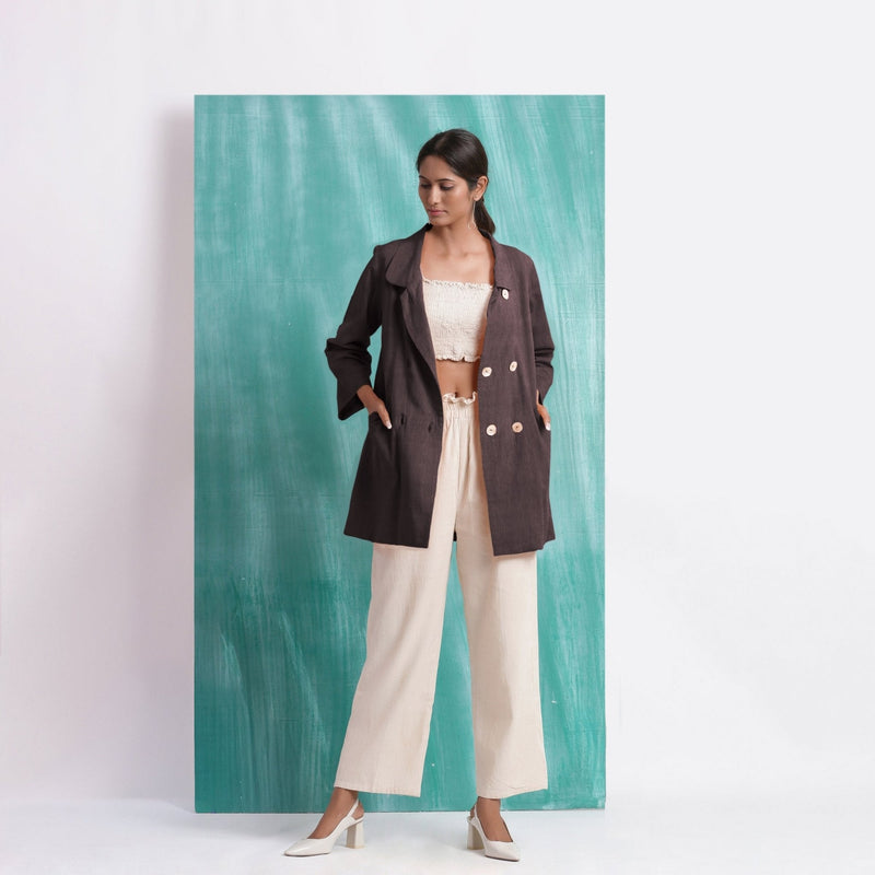Brown Cotton Flax Welt Pocket Coat
