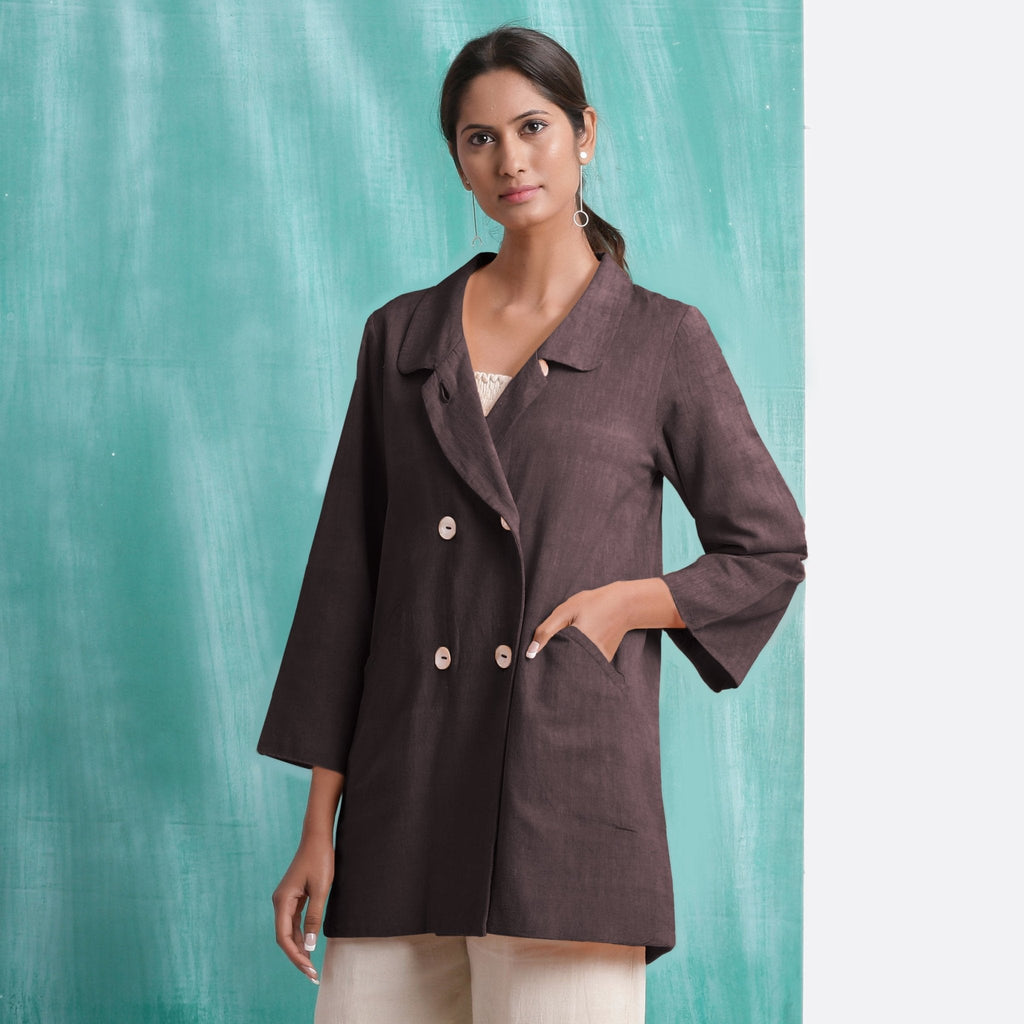 Brown Cotton Flax Welt Pocket Coat