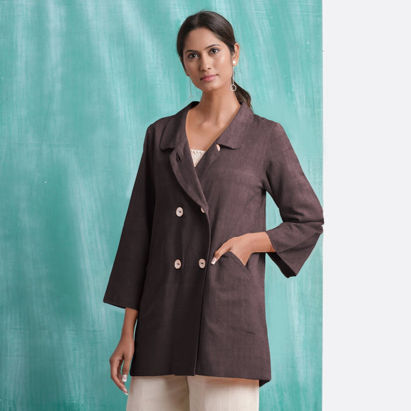 Brown Cotton Flax Welt Pocket Coat