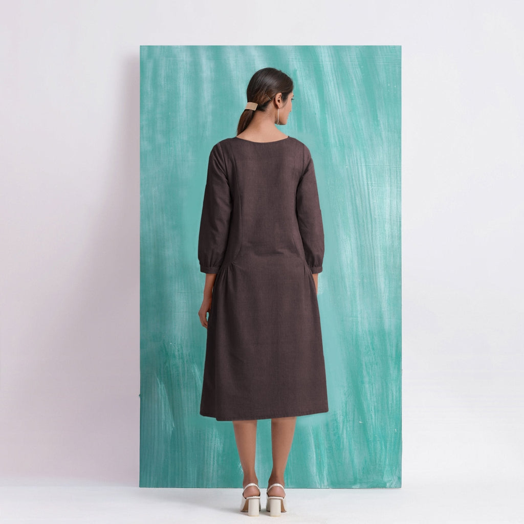 Brown Mirror Work Embroidered Cotton Flax Paneled Midi Dress