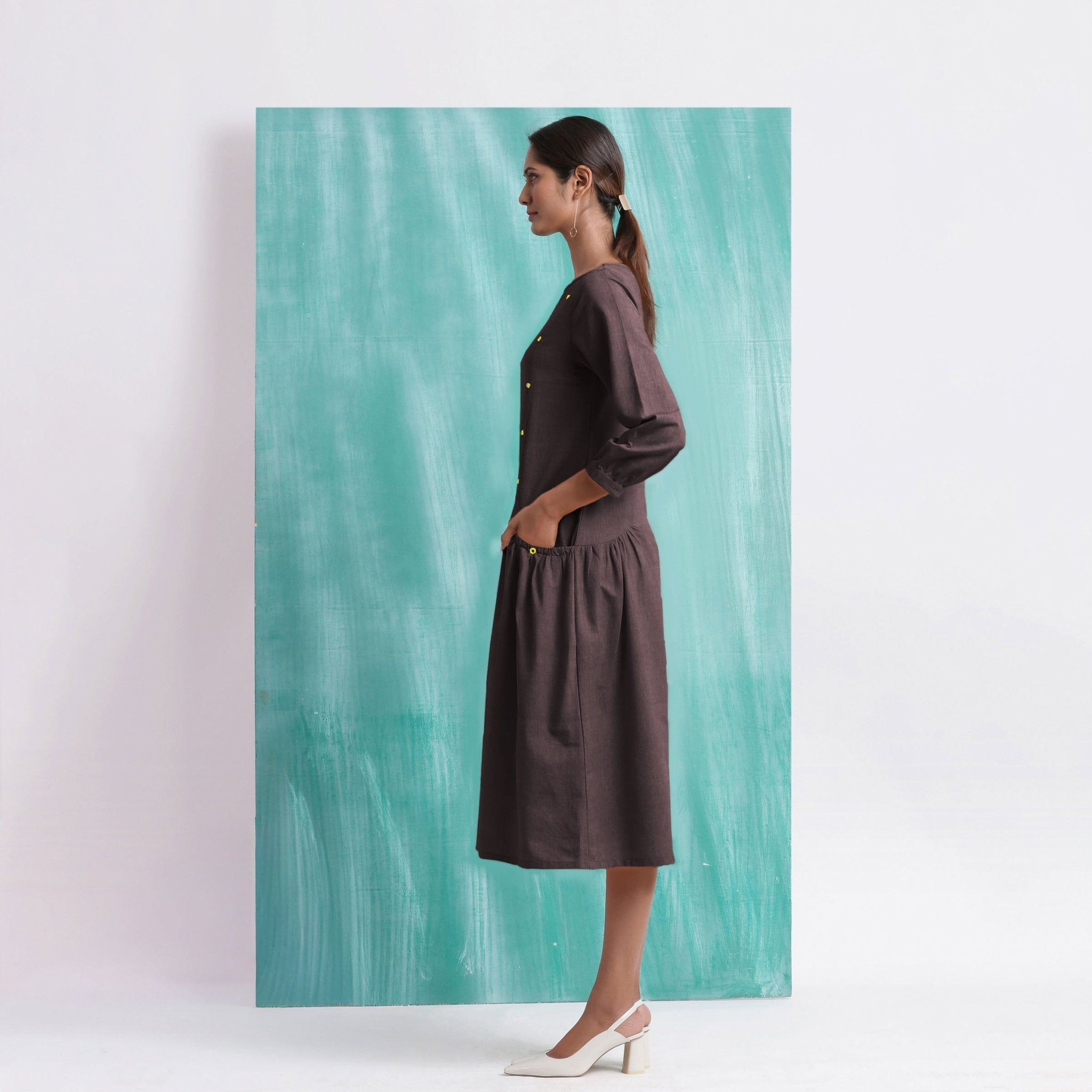 Brown Mirror Work Embroidered Cotton Flax Paneled Midi Dress