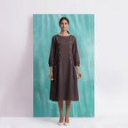 Brown Mirror Work Embroidered Cotton Flax Paneled Midi Dress