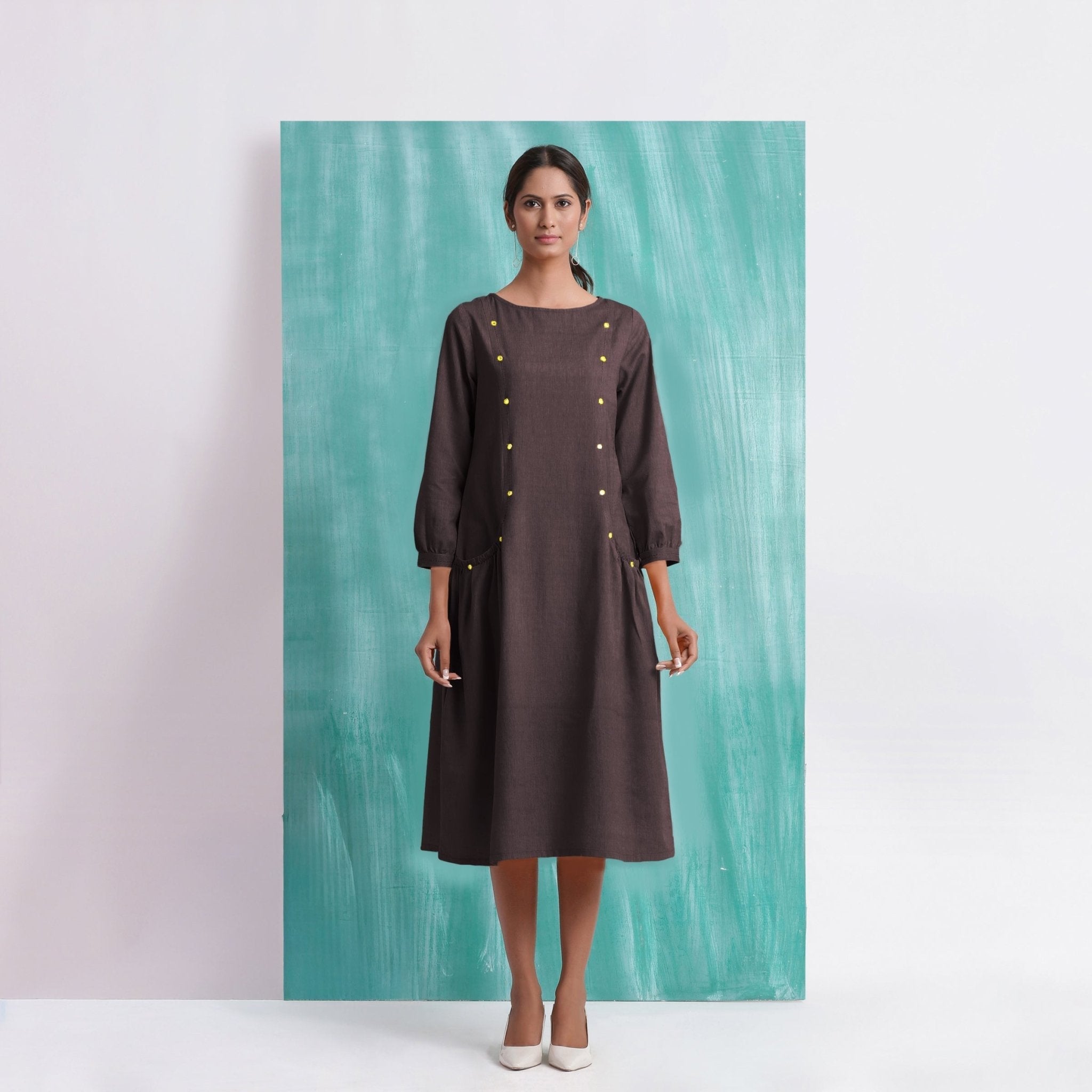 Brown Mirror Work Embroidered Cotton Flax Paneled Midi Dress