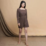 Right View of a Model wearing Brown Square Neck Gathered Romper