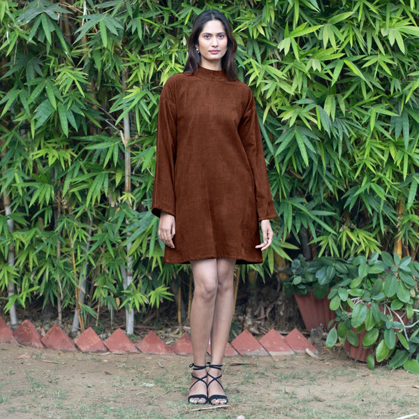 Brown Warm Cotton Corduroy A-Line Short Dress