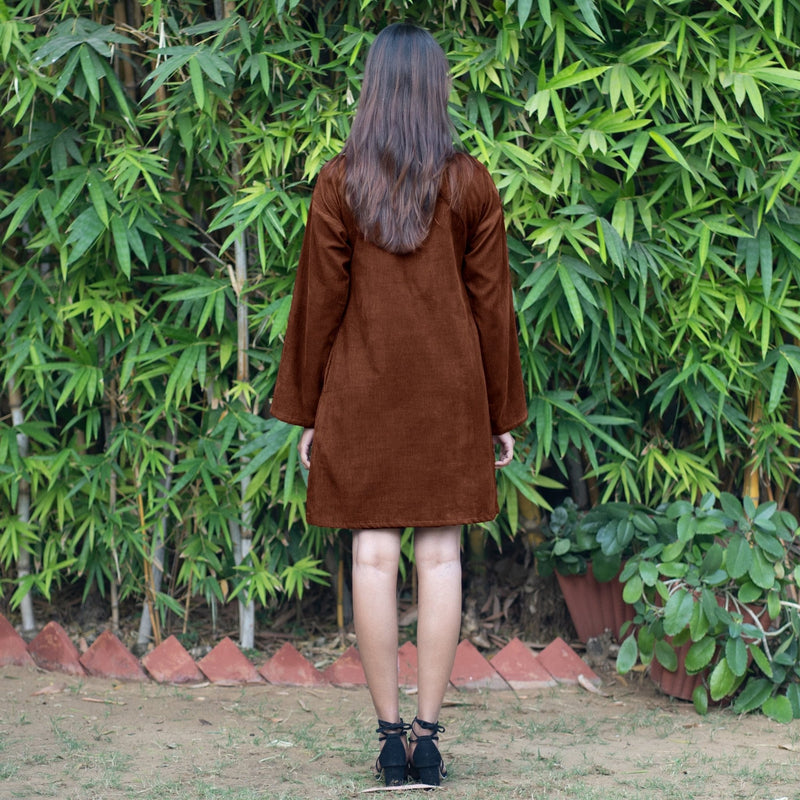 Brown Warm Cotton Corduroy A-Line Short Dress