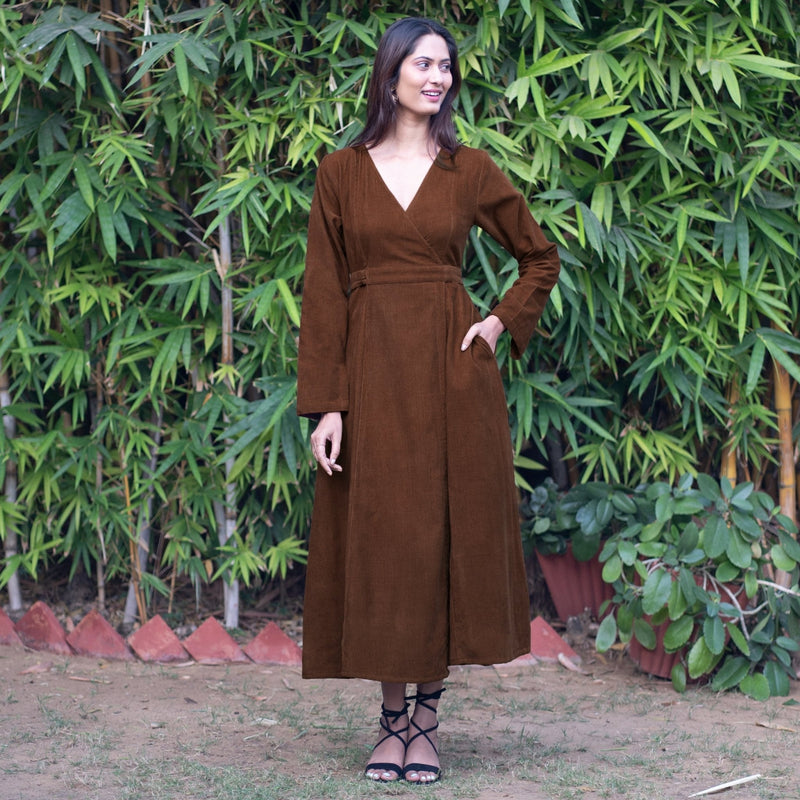 Brown Warm Cotton Corduroy Deep Neck Midi Wrap Dress