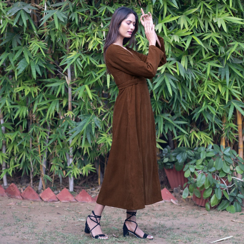 Brown Warm Cotton Corduroy Deep Neck Midi Wrap Dress