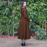 Brown Warm Cotton Corduroy Deep Neck Midi Wrap Dress