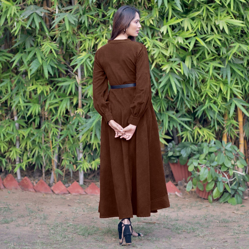 Brown Warm Cotton Corduroy Fit and Flare Maxi Dress