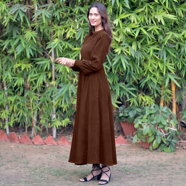 Brown Warm Cotton Corduroy Fit and Flare Maxi Dress