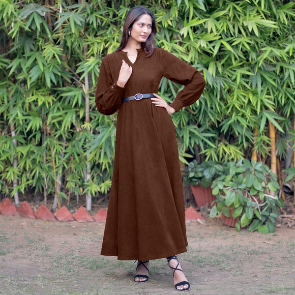 Brown Warm Cotton Corduroy Fit and Flare Maxi Dress