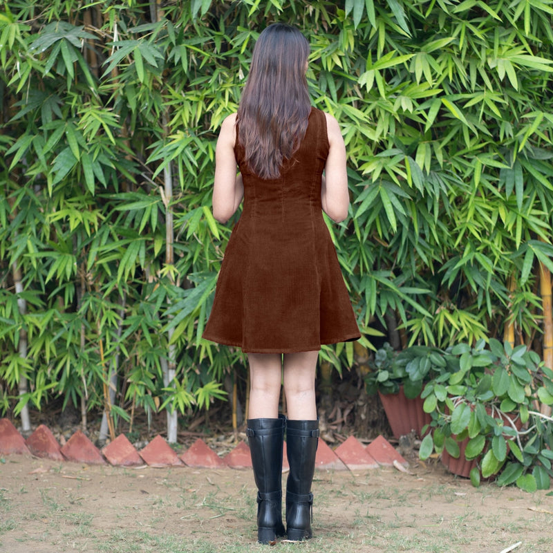 Brown Warm Cotton Corduroy Fit and Flare Sleeveless Short Dress