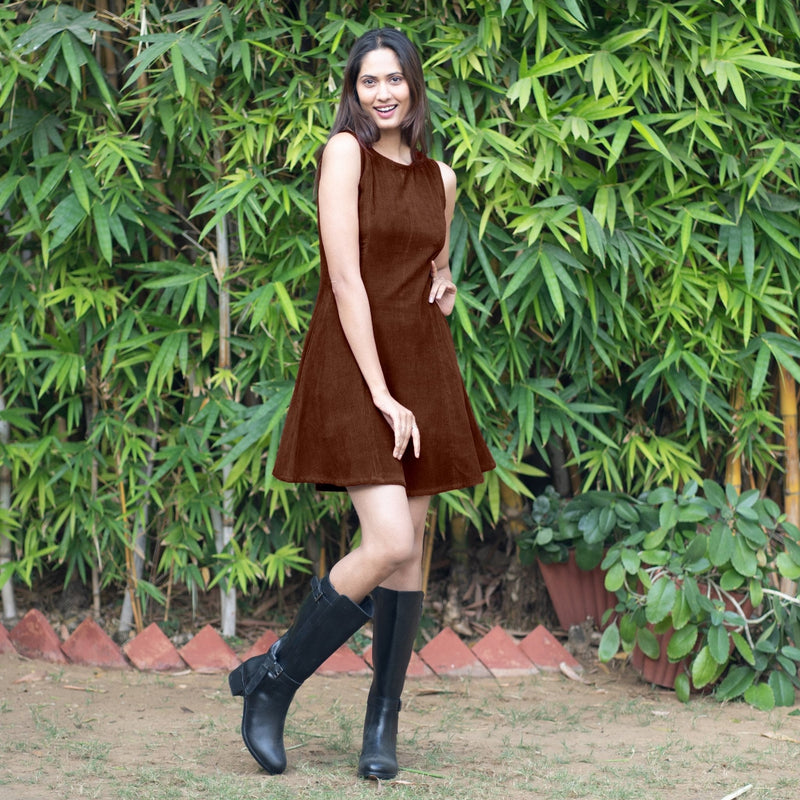 Brown Warm Cotton Corduroy Fit and Flare Sleeveless Short Dress