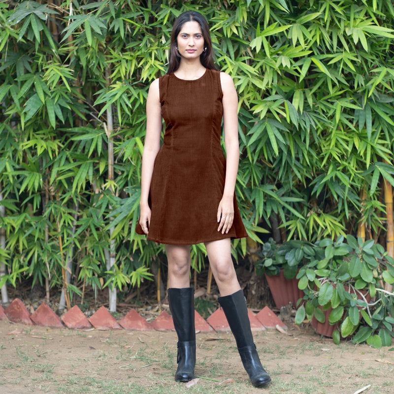 Brown Warm Cotton Corduroy Fit and Flare Sleeveless Short Dress