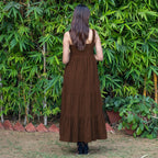 Brown Warm Cotton Corduroy Gathered Maxi Tier Dress