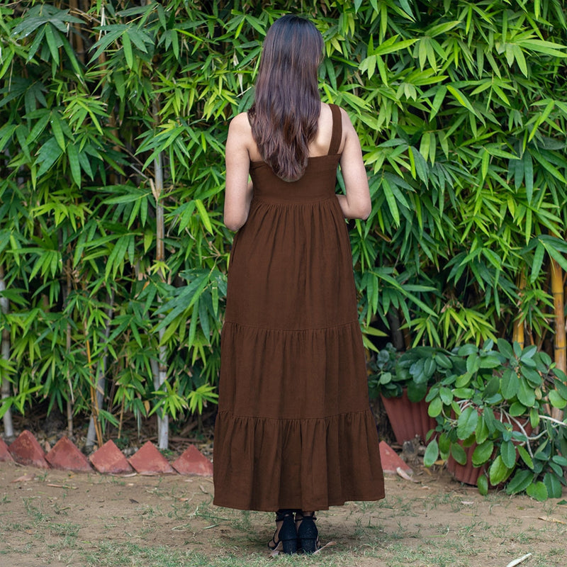 Brown Warm Cotton Corduroy Gathered Maxi Tier Dress