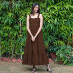 Brown Warm Cotton Corduroy Gathered Maxi Tier Dress
