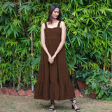 Brown Warm Cotton Corduroy Gathered Maxi Tier Dress