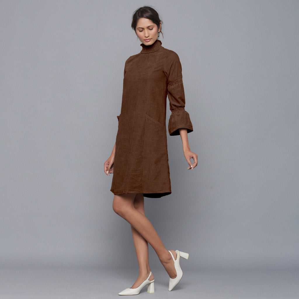 Brown Warm Cotton Corduroy High Neck Short Dress